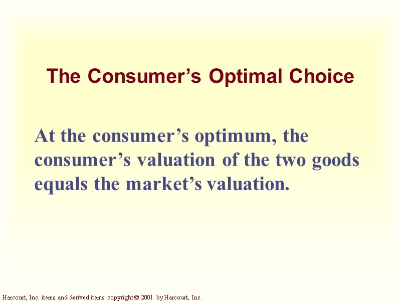 The Consumer’s Optimal Choice At the consumer’s optimum, the consumer’s valuation of the two The Consumer’s Optimal Choice At the consumer’s optimum, the consumer’s valuation of the two